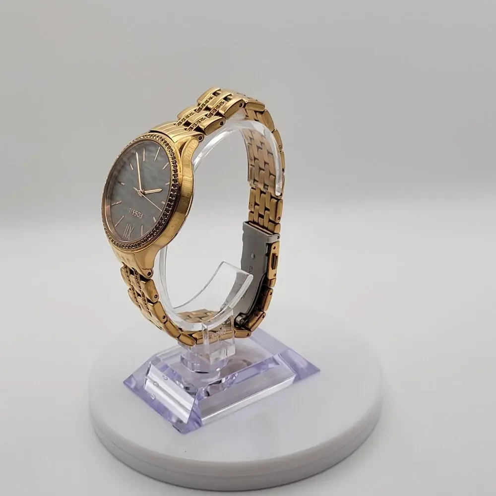 Fossil Womens Gold Tone Dark Mother of Pearl Dial Crystal Quartz Watch